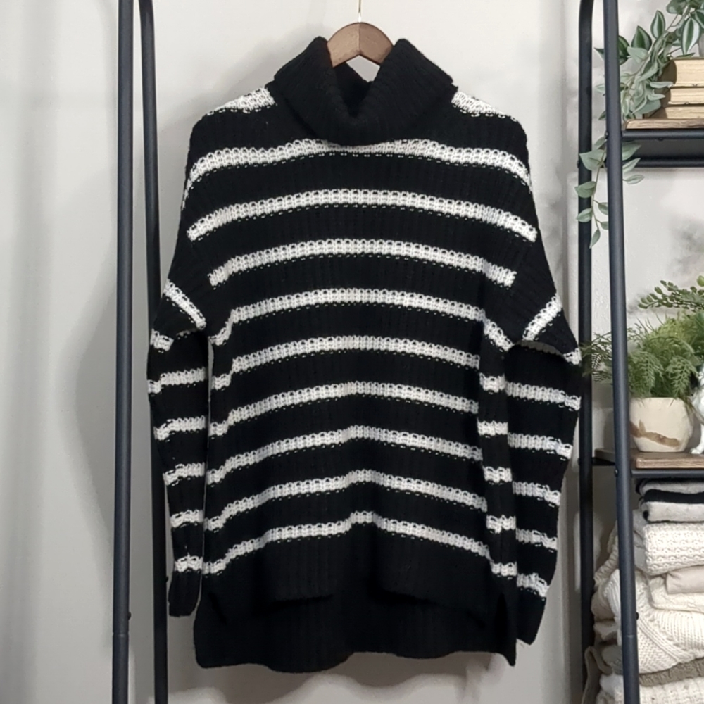 Chunky Black & White Stripe Turtleneck Sweater